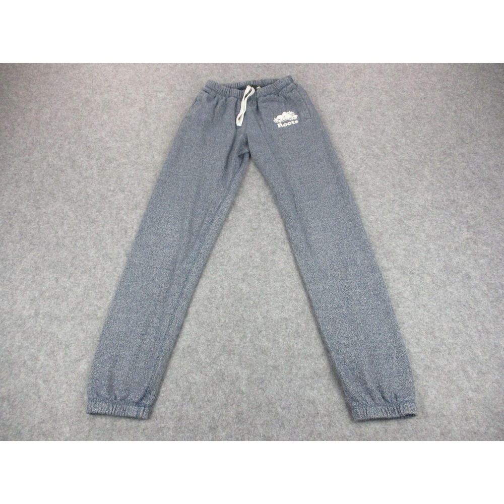 Roots Pants Womens XXS Blue Sweatpants Spellout Heather Beaver Tapered Knit